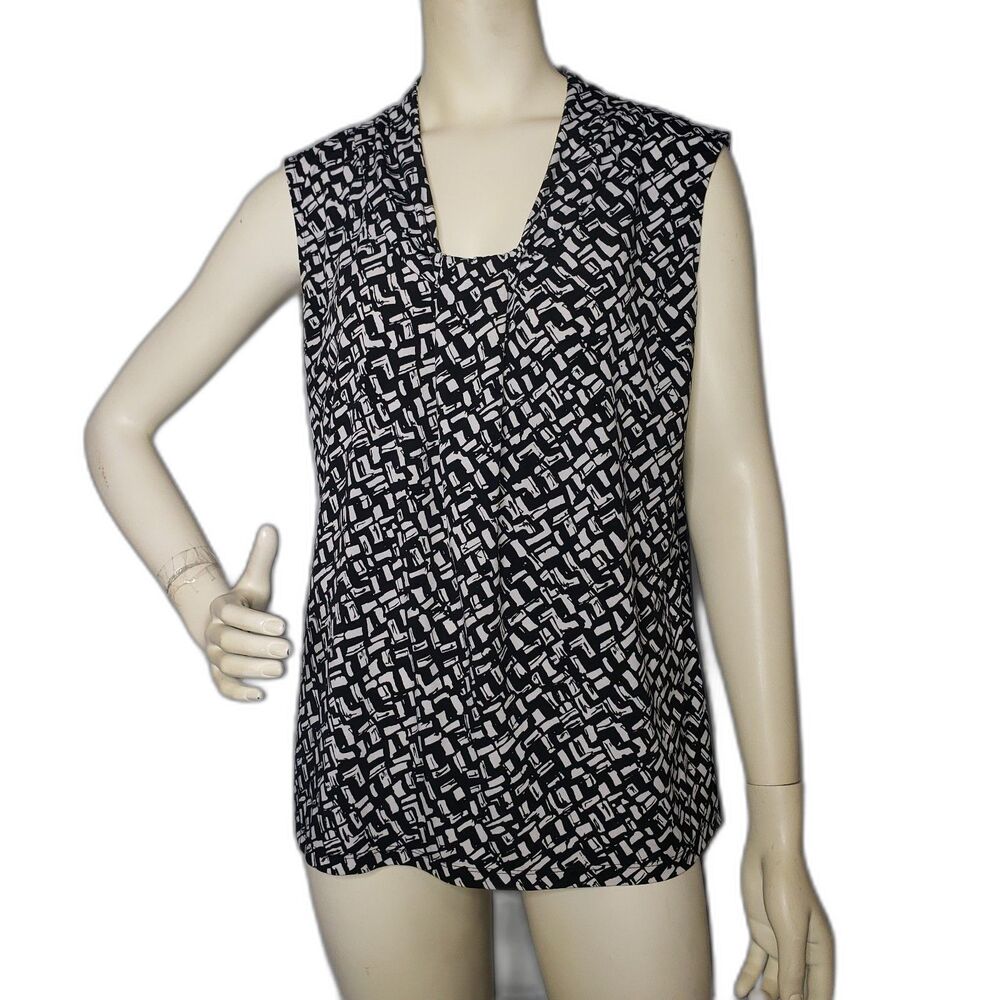 Dana Buchman Blouse Womens Large Black White Sleeveless Stretch Top Abstract